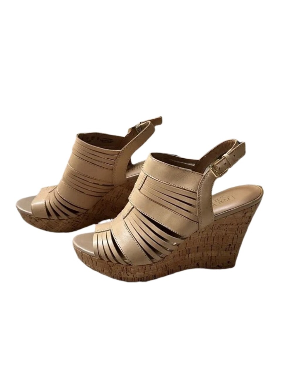 Franco Sarto Tan Leather Platform Open Toe Slingback Cork Wedge Sandals 8.5